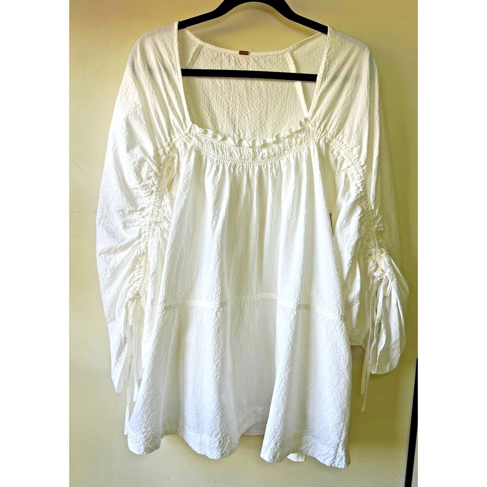 Free People White Seersucker Square Neck Smocked Ruffle Tunic Blouse S